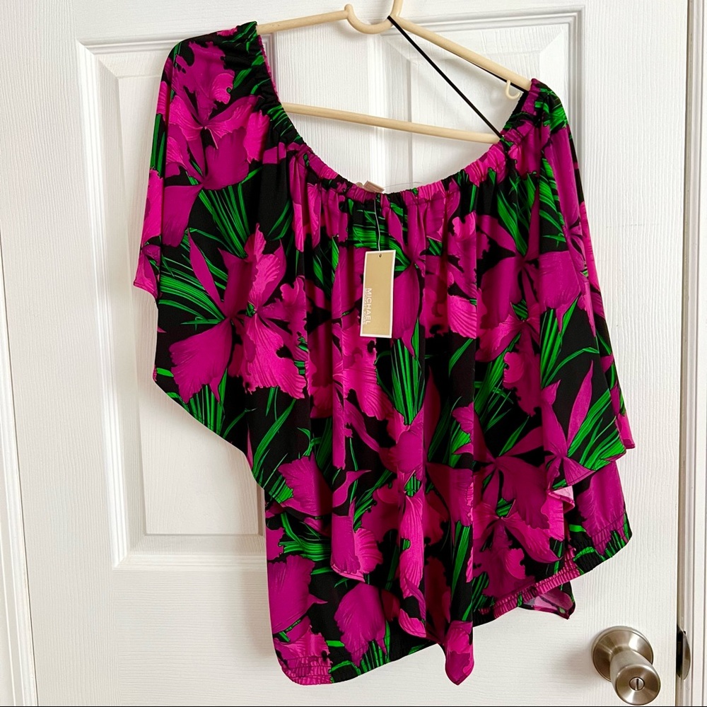 NWT Michael Kors Blouse Top One Shoulder Cascade Ruffle Overlay XL